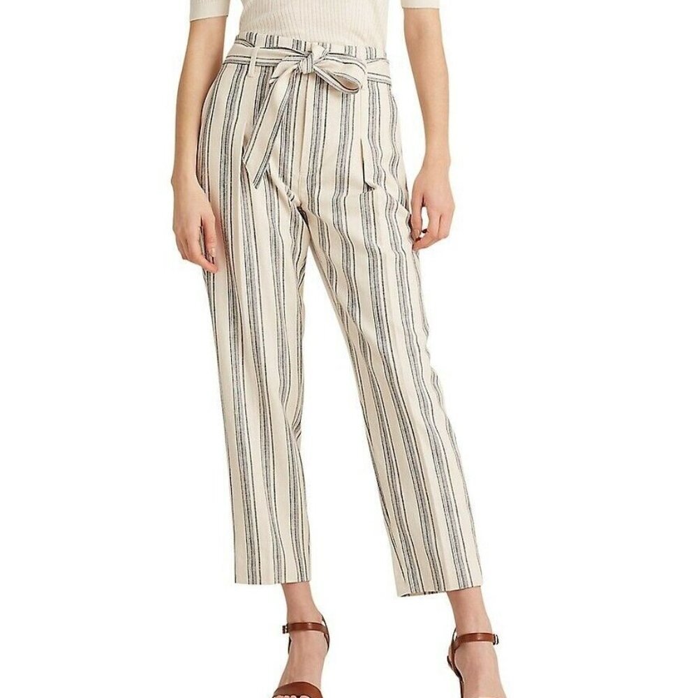 NWT Lauren Ralph Lauren Women's Pin Stripe Crop Linen Blend Pants Sz 10